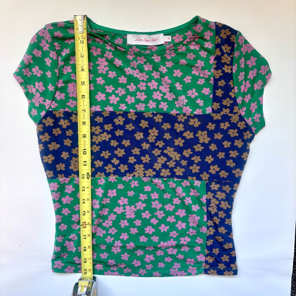 Lisa Says Gah for UO Angie Floral Colorblock Tee, Green Pink and Blue, Size XS - Picture 3 of 15
